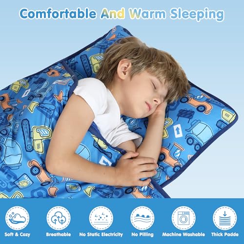 Image of Viviland Toddler Kid Nap Mat for Preschool, Boys Blue Car Slumber Bag, Daycare Bag with Pillow and Blanket, Kindergarten Mat