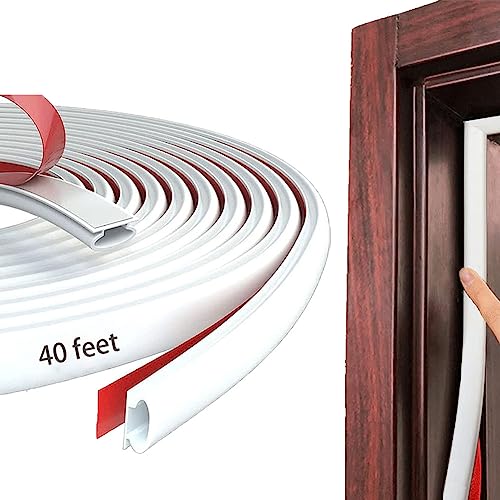 White Rubber Weather Stripping Door Seal Strip, D Shape Door Rubber Weather Seal Strip, Self-Adhesive Door Weatherstripping Soundproofing Door Seal Strip for Windows (40 feet,White)