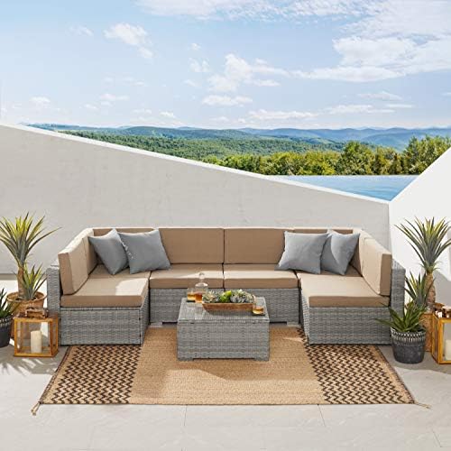 Art Leon 7 Piece Patio Furniture Sets, PE Rattan Wicker OutdoorSectional Sofa, Patio Conversation Sets with Tempered Glass Coffee Table, Khaki