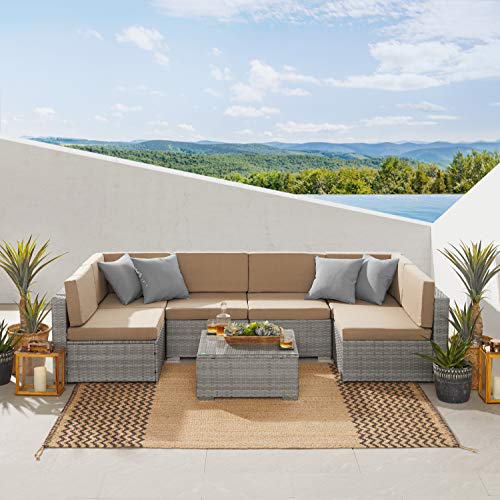 Art Leon 7 Piece Patio Furniture Sets, Pe Rattan Wicker Outdoorsectional Sofa, Patio Conversation Sets With Tempered Glass Coffee Table, Khaki #TOP21