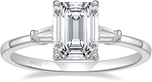 EAMTI Anillos de compromiso de plata de ley 925 de 3 piedras de corte esmeralda con circonita cúbica, anillos de promesa de boda para ella, alianzas