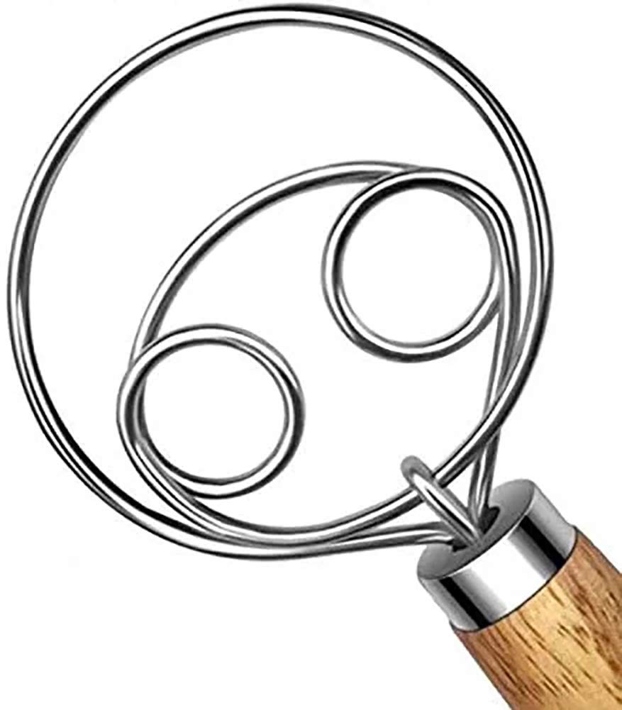 13 Inch Bread Dough Whisk,Double Eyes Stainless Steel Danish Dough Whisk, Egg Beater with Wooden Handle, Bread Dough Mixer Accessories Tool for Kitchen