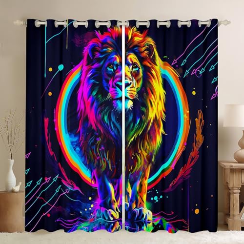Erosebridal Lion Printed Curtains for Living Room, Abstract Watercolor Lion Window Curtain, Colorful Animal and Geometric Lines Room Curtains for Bedroom Drapes (2 Panels) 52" X 84"