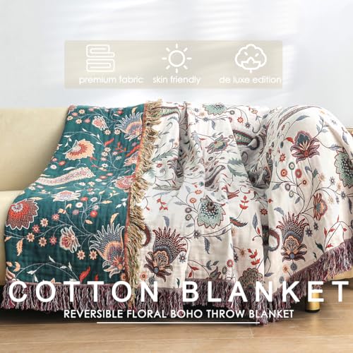 Wotcsil Manta Sofa de Algodón para Cama Colcha Sofa Floral Boho Plaid Manta Foulard Multiusos Jarapas para Sofas Cubrecama Verano Inverno (Verde Beige con Borlas, 200x230cm) - imagen 2