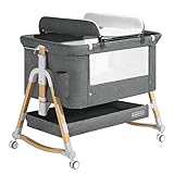 HARPPA Baby Bassinet Bedside Sleeper(Diaper Changing Station+Mosquito Net Included), Adjustable Bedside Crib with Storage for Newborns, Portable Bassinet with Anchor Strap (Wood Grain, Grey)
