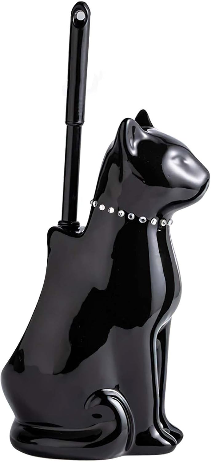 Cat Toilet Brush Holder - Ceramic Whimsical Feline Design with Wide-Mouth Storage, Black Toilet Bowl Brush and Holder Set Cute for Bathroom Ground, Easy-Clean Cat Lover Gift (Black)