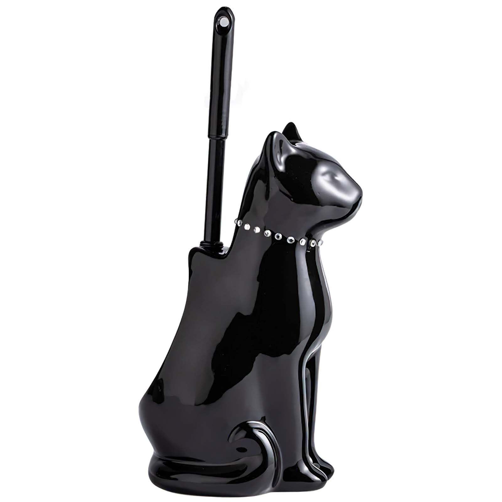 Cat Toilet Brush Holder, Ceramic Toilet Brush Holder, Whimsical Design Feline Pattern with Wide Mouth, Black Toilet Brush and Holder Set, Cute for Bathroom, Easy to Clean, Gift for Lovers