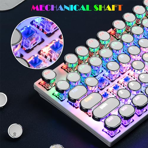 KOLMAX Typewriter Style Mechanical Gaming Keyboard,White Retro Punk Gaming Keyboard with RGB Backlit,87 Keys Blue Switch Wired Cute Keyboard,Retro Punk Round Keycaps for Game Office/Win/Mac/PC