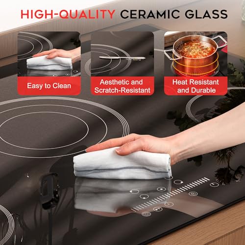 Image of Noxton Electric Cooktop 30 Inch Electric Stove 5 Burners, Built-in Ceramic Cooktop, 9 Heating Level, Pause, Timer, Child Safety Lock, Triple Ring, 220V Hardwire