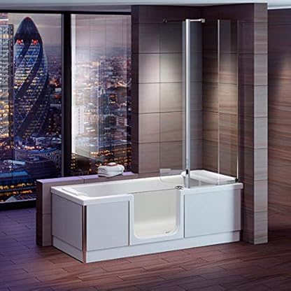Badewanne mit Tür, Seniorenbadewanne 180x80x57,5cm mit Duschkabine,Wannenschürze und Ablauf/Sifon, Ausführung LINKS