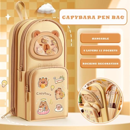 Image of Cute Pencil Pouch for Kids | Large Capacity Capibara & RABIT Design Stationery Organizer | Multi-Compartment Zipper Pencil Case for School | Waterproof PU Leather Pouch Gift for Boys & Girls