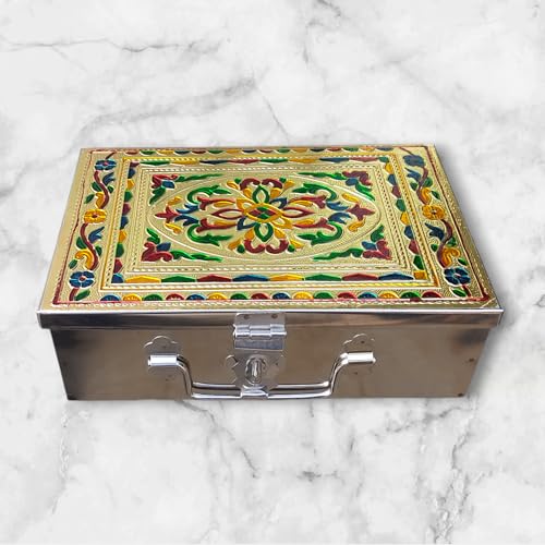 Image of Stainless Steel Storage Box, Cash Box, Pooja Peti, Organizer, Vanity Storage Box, Jewellery Safe Bank Locker, Cash Box With Handicrafts Digital Meena Kari Design (Yellow, 9 Inches)