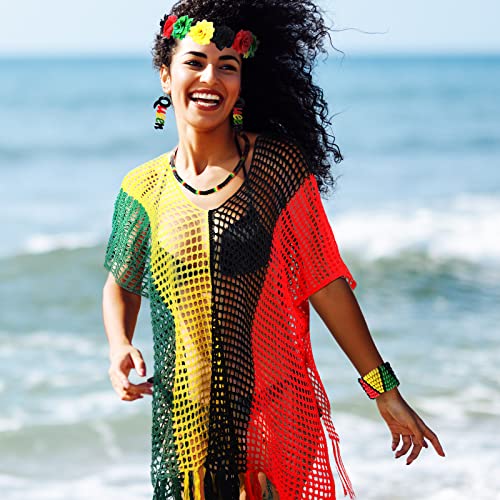5 Pcs Jamaican Cover Ups Women African Beach Accessories Set Rainbow Crochet Dress Jamaican Outfits for Summer Boho Jewelry4