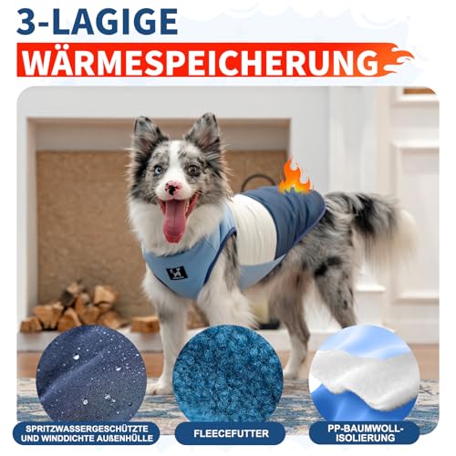 Arblina Hundemantel, Wasserdichter Wintermantel Hund mit Fleece-Futterung für Mittelgroße & Große Hunde, Zweiseitig Tragbarer Winterjacke Hund mit ReißVerschluss, Blau, XXL