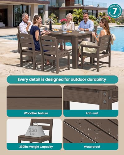 Image of SERWALL 59 inch HDPE Patio Dining Set for 6, w / 1 Table & 6 Chairs, Coffee | Armless Patio Dining Sets for All Weather Use