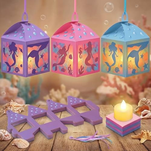 Simgoing 12 Sets Mermaid Lanterns Crafts with LED Candles Mermaid Tissue Paper Crafts Kits DIY Paper Lanterns for Party Decor Activities