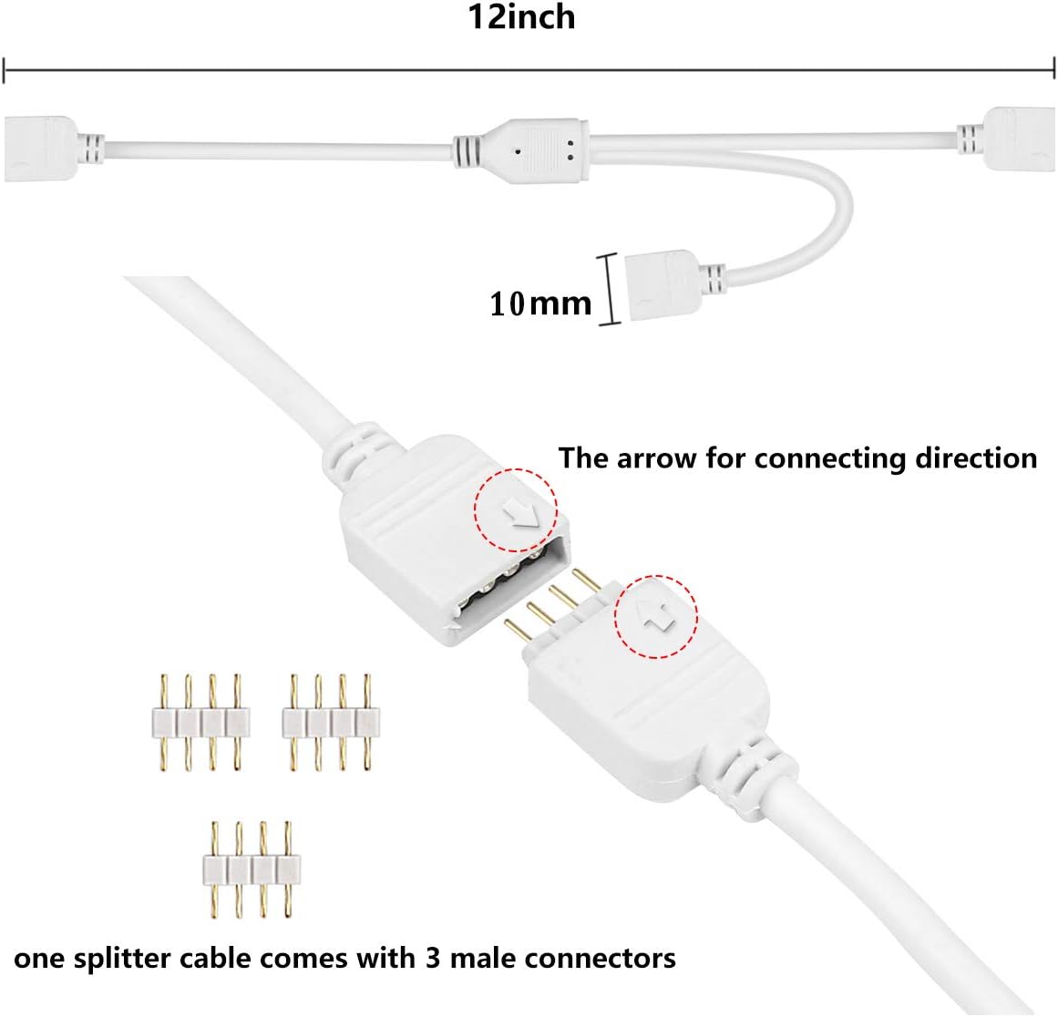 SUPERNIGHT LED Strip Splitter Connector 4 Pins 1 to 2 Y- Splitter Cables for 5050 3528 RGB LED Light Strip with 9 Male 4-pin Plugs (3-Pack)