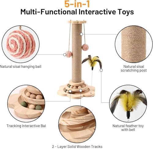 Image of Solid Pine Wood Cat Toy Scratching Post with Roller Ball Track, Catnip Balls & Feather Toy - Modern Sisal Cat Scratcher Tower for Indoor Cats- Flower Style