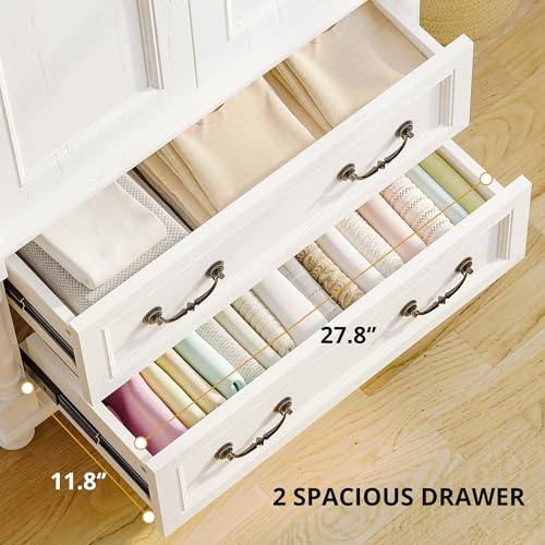 LIKIMIO Farmhouse Armoire Wardrobe Closet with 2 Doors and 2 Drawers, 70" H x 36" W, Large Bedroom Armoire with Roman Column and 3 Hanging Hooks, Wooden Freestanding Closet Cabinet, White - Image 6