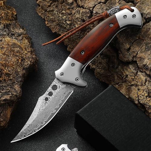 Omesio Navaja plegable Damasco, navaja japonesa de Damasco con mango de madera de Damasco para camping y caza (navaja de una mano con peonía)