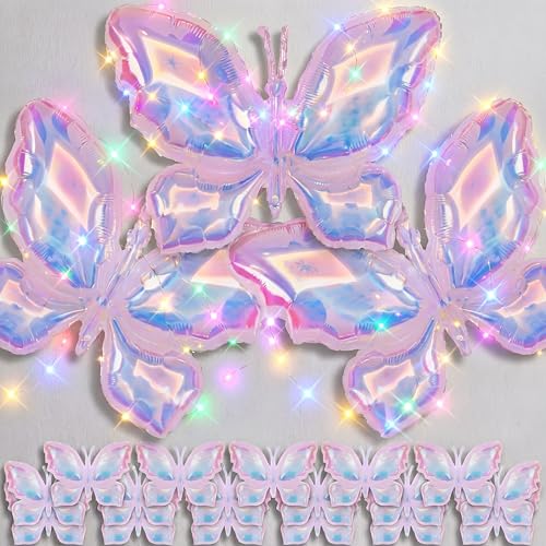 Ballons papillon irisé transparent de 99 cm avec éclairage LED USB pour anniversaire