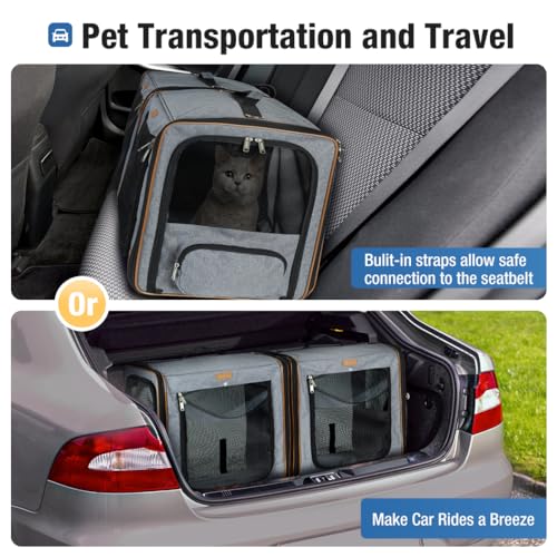 Lekereise 2-in-1 Cat,Dog Carrier for Small Medium Large Pets up to 35 Lbs, (17.7\"*2)*16.5\"*13\" Car Travel Carrier with Litter Box, Bowl, and Locking Zipper - Grey - Thumbnail 5