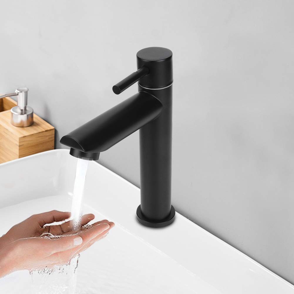 Grifo De Lavabo Solo Agua Fría En Color Negro - Acero Inoxidable 304, Aerador Ahorrador, Fácil Instalación