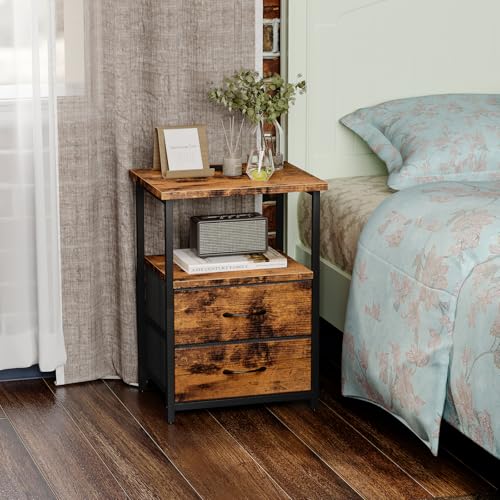 Image of Fixwal Rustic Brown Night Stand with Charger Station, Nightstand with Charging Station & Fabric Drawers