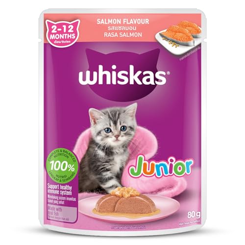 Image of Whiskas Junior Kitten (2-12 Months) Wet Cat Food, Salmon in Jelly Flavour, 80 g, Hydrating Food Made with Real Fish, 100% Complete & Balanced Nutrition for Kittens