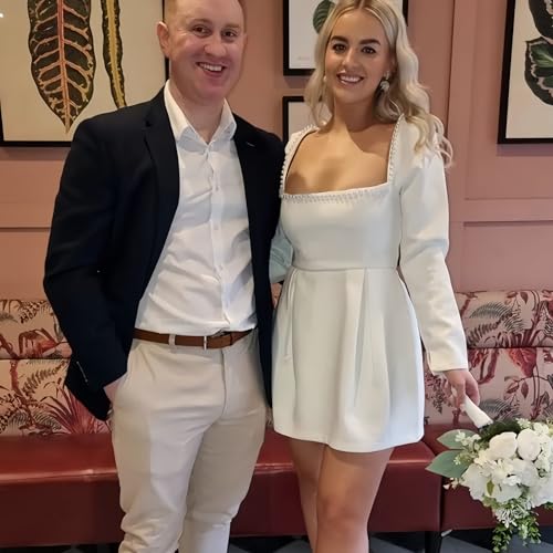 Womens Simple Wedding Dresses for Brides Long Sleeve Square Neck Ruched Satin Short Bridal Gowns4