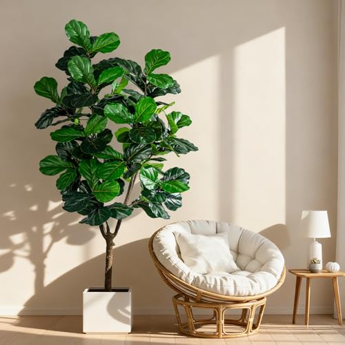 Image of Erimda Artificial Fiddle Leaf Fig Tree 7ft with White Planter Realistic Fiddle Leaf Lyrata Plant Tall Fake Tree with Natural-Looking Leaves Fake Tree for Indoor Outdoor Home Office Decor