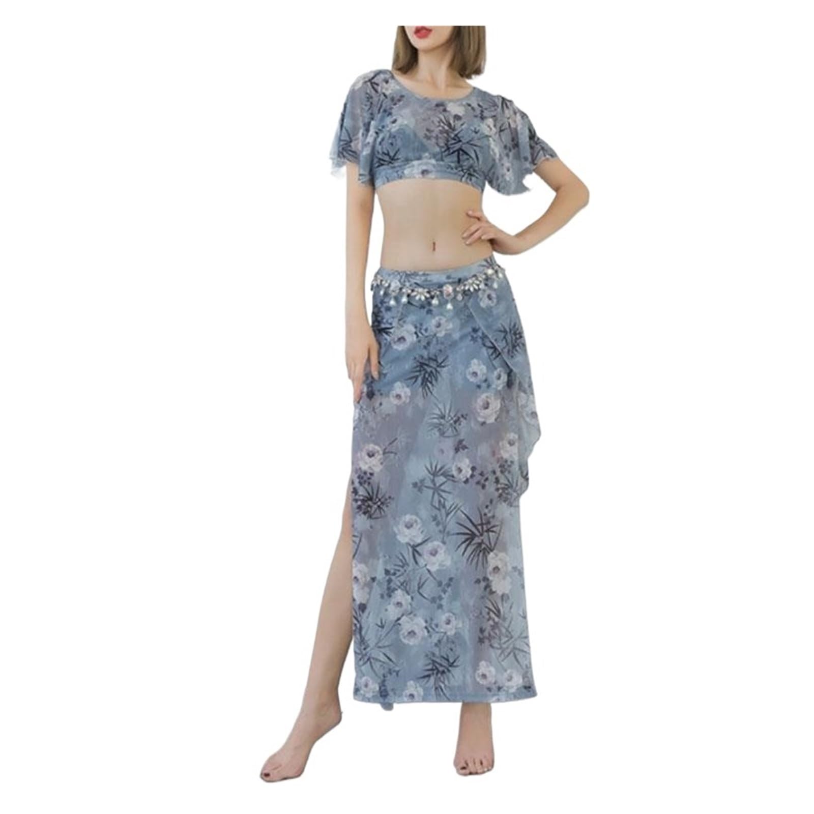 Bauchtanz-Trainingsanzug for Frauen, Druck-Outfit, Sommer-Damen, sexy Mesh-Tanzkostüm-Set