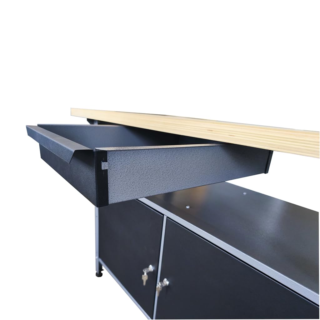 Werkbank aus Metall mit 30 mm Sperrholzplatte, verschließbaren Türen und Schublade, Maße (BxTxH): 120 x 85 x 60 cm