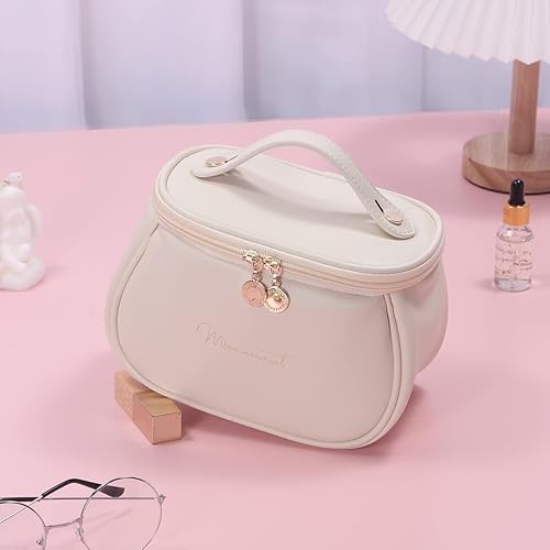 Miniatura 3 de Bonita bolsa de maquillaje de gran capacidad, bolsa de cosméticos de viaje, bolsa organizadora de artículos de tocador para mujeres y niñas, Beige,