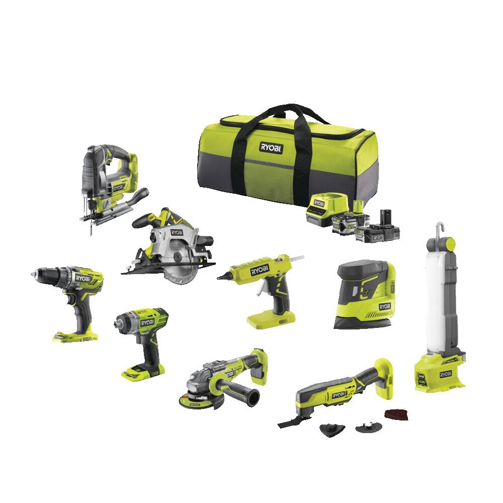 Ryobi - Zestaw 9 narzędzi 18V ONE+: Wiertarka, wkrętarka udarowa, szlifierka, wielofunkcyjne narzędzie, pistolet do klejenia, piła tarczowa, wyrzynarka, lampa, szlifierka + 2 baterie i ładowarka -