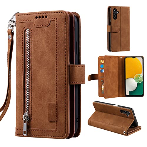 EYZUTAK Wallet Phone Case for Samsung Galaxy S24 5G, Retro Matte 9 Card Holder Slots Zipper Pocket Case PU Leather Magnetic Closure Kickstand with Wrist Strap Folio Flip Case - Brown
