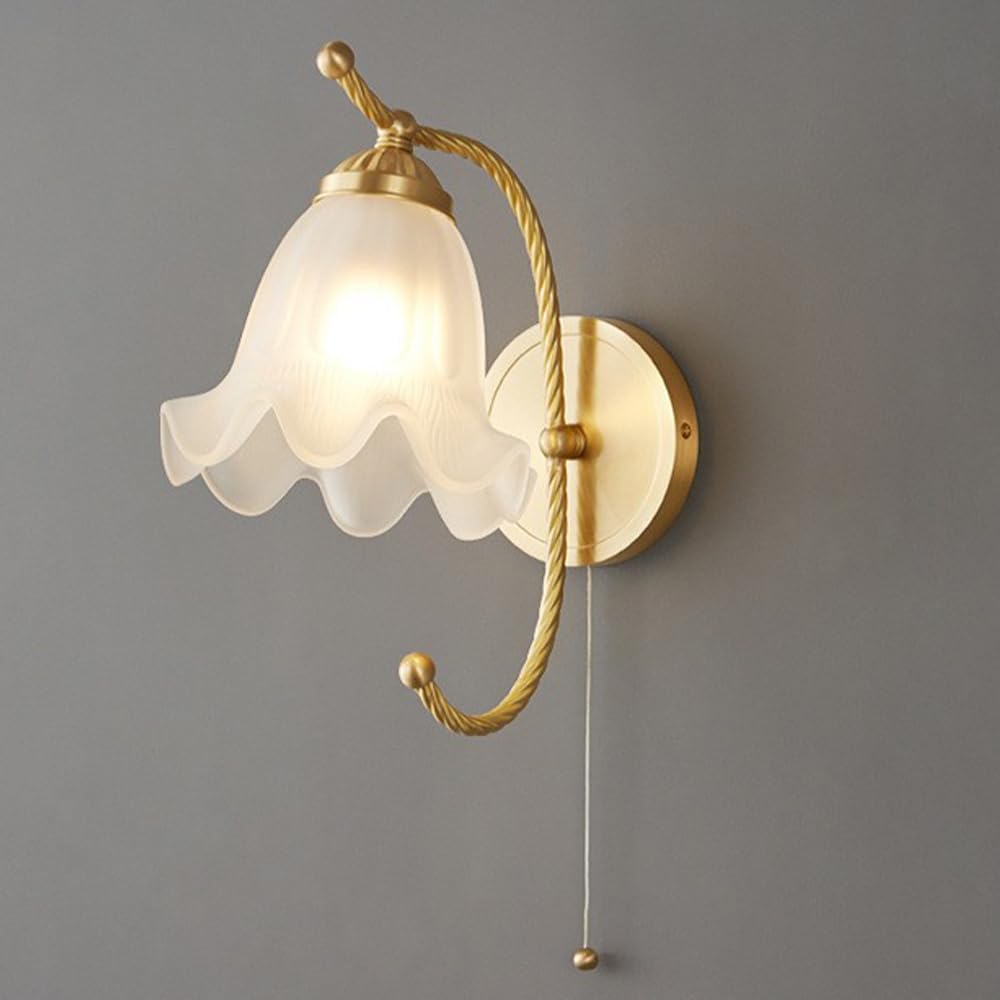 Applique da Parete in Ottone con Cordino, Lampada in Vetro Satinato, Lampada a Forma di Fiore in Stile Nordico, Lampada da Comodino, Applique a Cablaggio Fisso per Soggiorno e Came