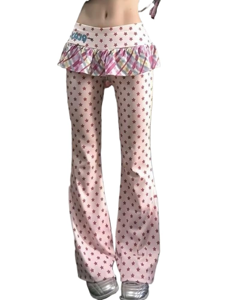 Gyaru Low Rise Flared Pants Polka Dot Pants Star Whimsy Twee Clothes Alt Vintage Harajuku 2000s Clothing