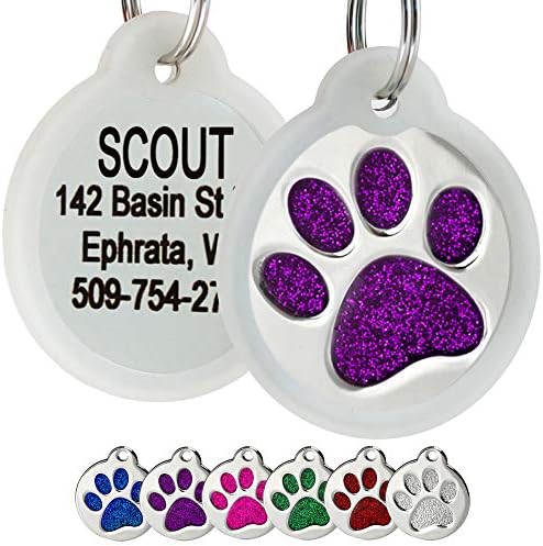 GoTags Paw Print Round Stainless Steel Pet Tag for Dogs and Cats, Personalized with 4 Lines of Custom Engraved ID, in Solid Stainless Steel and 5 Enameled Colors: Blue, Green, Pink, Purple and Red