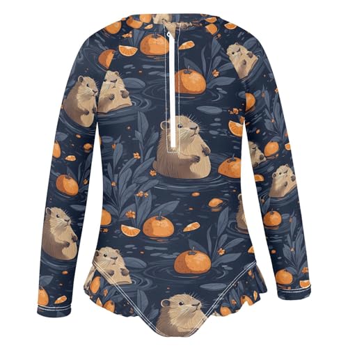 ALAZA Otter Orange Fruit Flower Girls One Piece Swimsuit Long Sleeve Rash Guard Swimsuits UV 50+ Swimwear Zipper2