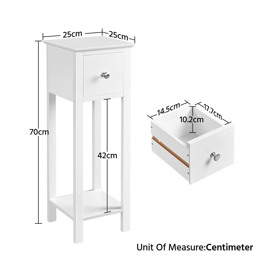 Yaheetech Table de Chevet Blanche, Table d'Appoint Haute Étroite, 1 Tiroir 1 Éagère, 25 x 25 x 70 cm Bout de Canapé Salon Chambre