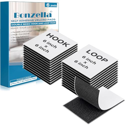 Image of BONZELLA 6 Pcs Self Adhesive Hook and Loop Strip Tape, 6 x 6 in Industrial Strength Interlocking Hook Loop Sticker,Multipurpose Double Sided Hook & Loop Tape for Crafting & Hanging 15cm x 15cm, Black