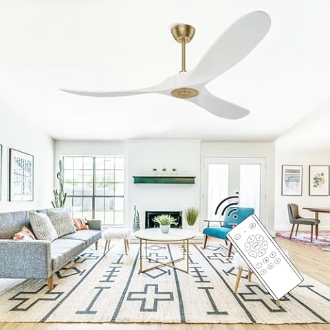 Obabala Outdoor Ceiling Fans with Remote 52-Inch Modern Ceiling Fan with 3 White Balsa Wood Blades, Noiseless Energy Efficient DC Motor and Polished Brass for Patios, Bedrooms, Living Rooms Cover
