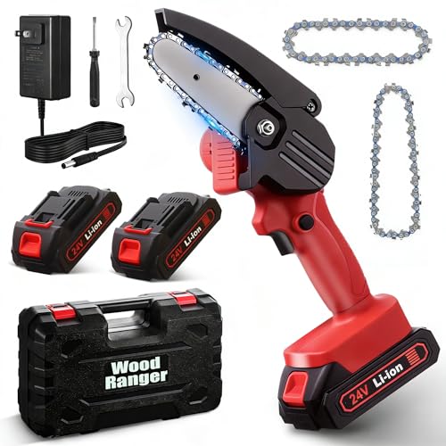 Wood Ranger Mini Chainsaw Electric 4 inch MINI Chainsaw Cordless Portable Electric Chain Saw for Yard Home and Garden Wood Cutting Tree Trimming (2Battery&3Chain)