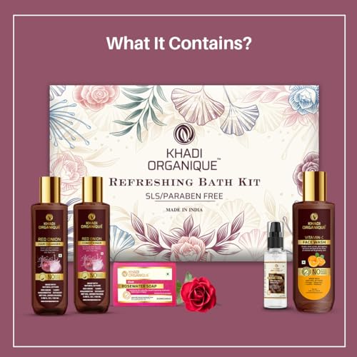 Image of Khadi Organique Refreshing Bath Kit with Red Onion Hair Cleanser, Red Onion Conditioner, Rosewater Soap, Vitamin-C Face Wash, Hair Serum