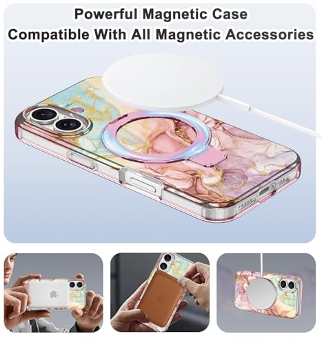 Lamcase for iPhone 16 Case with Magnetic Invisible Ring Stand [Compatible with MagSafe], Full Body Rugged Slim Women Men Girl Shockproof Marble Pattern Design Case, Rose Gold - image 2