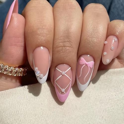 24 uñas postizas de almendra a presión, adhesivos artificiales en diseños de lazo, puntas francesas, pegamento acrílico para mujer, transparente
