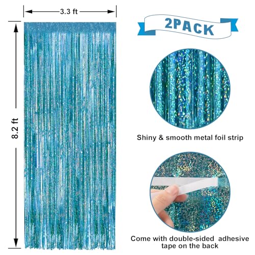 Image of 2 Pack Laser Blue Foil Fringe Curtains Streamers Party Decorations 3.3 x 8.2 ft, Blue Tinsel Curtain Fringe Backdrop for Parties, Door Fringe Birthday Streamers, Photo Booth Backdrops, Party Decor