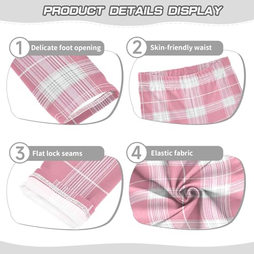 Girls Leggings Pink White Tartan Plaid Checked Kids Length Leggings Pants Toddler Athletic Soft Tights Trousers 4T3