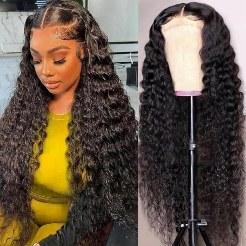 Image of Nsvnsv 13x6 Deep Wave Lace Front Wigs Human Hair Wigs for Women 180% Density HD Transparent Deep Curly Lace Frontal Wigs Human Hair Pre Plucked with Baby Hair Natural Color 26 Inch